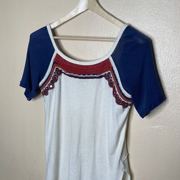 Free People Top Womens SP Colorblock Embroidered Boho Scoop Neck Pullover - Picture 2 of 8